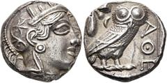 GRIECHEN ATTIKA. ATHEN. Tetradrachme (17.13g). 421 - 365 v. Chr. Vs.: Kopf der Athena mit verziertem, bekränztem, attischem Helm n. r. Rs.: ΑΘΕ, Eule n. r. stehend, Kopf in Vorderansicht, im Feld l. o