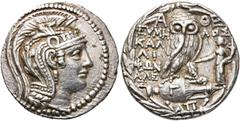 GRIECHEN ATTIKA. ATHEN. Tetradrachme des Neuen Stils (16.70g). ca. 108/7 v. Chr. Vs.: Kopf der Athena mit attischem Helm n. r. Rs.: Α-ΘΕ, Eule auf Amphora, Beamte: ΕΥΜΗ/ΛΟΣ ΚΑΛ/ΛΙ/ΦΩΝ/ΑΛΕ/Σ, auf der A