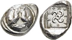 GRIECHEN LYKIEN. DYNASTEN. Teththiveibi. Stater (8.55g). 450 - 420 v. Chr. Vs.: Zwei gegenständige Hähne auf einem gewölbten Schild. Dazwischen Zeichen. Rs.: "teththiveibi", Tetraskeles in vertieftem 