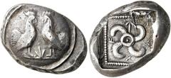 GRIECHEN LYKIEN. DYNASTEN. Teththiveibi. Stater (8.46g). 450 - 420 v. Chr. Vs.: Zwei gegenständige Hähne auf einem gewölbten Schild. Dazwischen Zeichen. Rs.: "tethth", Tetraskeles in vertieftem Quadra