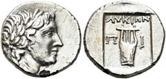 GRIECHEN LYKIEN. LYKISCHER BUND. Pinara. Drachme (2.49g). 167 - 100 v. Chr. Vs.: Kopf des Apollon mit Lorbeerkranz n. r. Rs.: ΛΥΚΙΩΝ / Π-Ι, Kithara in Quadratum incusum. Troxell 96. Ertwas scharf gere