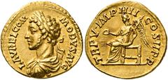 RÖMER RÖMISCHE KAISERZEIT Commodus, 177 - 192 n. Chr. Aureus (6.81g). 180 n. Chr. Mzst.Rom. Vs.: L AVREL COM-MODVS AVG, drapierte Panzerbüste mit Lorbeerkranz n. l. Rs.: TR P V IMP IIII COS II P P, Vi