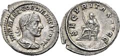 RÖMER RÖMISCHE KAISERZEIT Gordian I., 238 n. Chr. Denar (2.82g). Mzst.Rom. Vs.: IMP M ANT GORDIANVS AFR AVG, drapierte Panzerbüste mit Lorbeerkranz n. r. Rs.: SECVRITAS AVGG, Securitas mit Zepter sitz