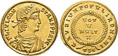 RÖMER RÖMISCHE KAISERZEIT Constans I., 337 - 350 n. Chr. Solidus (4.63g). 337 - 340 n. Chr. Mzst.Thessaloniki. Vs.: FL IVL CON-STANS P F AVG, drapierte Panzerbüste mit Rosettendiadem n. r. Rs.: GAVDIV