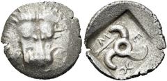 GRIECHEN GRIECHEN LYKIEN. DYNASTEN. Mithrapata. Diobol (1.43g). 390 - 370 v. Chr. Mzst.unbestimmt. Vs.: Löwenskalp in Vorderansicht. Rs.: Triskeles in flachem Quadratum incusum, darin Pfeil und lykisc