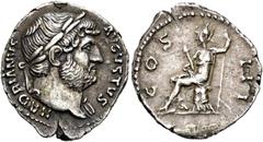 RÖMER RÖMER RÖMISCHE KAISERZEIT Hadrian, 117 - 138 n. Chr. Denar (3.23g). ca. 126 - 127 n. Chr. Mzst.Rom. Vs.: HADRIANVS AVGVSTVS, Kopf mit Lorbeerkranz u. Gewand auf l. Schulter n. r. Rs.: COS III, V