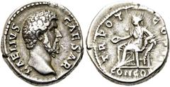 RÖMER RÖMER RÖMISCHE KAISERZEIT Aelius Caesar, 137 n. Chr. Denar (3.94g). Mzst.Rom. Vs.: L AELIVS CAESAR, Kopf n. r. Rs.: TR POT COS II / CONCORD, Concordia mit Patera sitzt auf Füllhorn gestützt n. l
