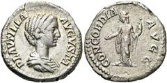 RÖMER RÖMER RÖMISCHE KAISERZEIT Plautilla, 202 - 205 n. Chr. Denar (3.36g). 202 n. Chr. Mzst.Rom. Vs.: PLAVTILLA AVGVSTA, drapierte Büste n. r. Rs.: CONCORDIA AVGG, Concordia mit Patera u. Zepter n. l