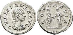 RÖMER RÖMER RÖMISCHE KAISERZEIT Iulia Paula, 220 n. Chr. Denar (3.09g). Mzst.Rom. Vs.: IVLIA PAVLA AVG, drapierte Büste n. r. Rs.: CONCORDIA, Iulia Paula capite velato u. Elagabal in dextrarum iunctio