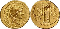 RÖMER RÖMISCHE REPUBLIK C. Cassius Longinus und M. Aquinius, 43 - 42 v. Chr. Aureus (8,10g) Mzst. im Feld. Vs.: M AQVINIVS LEG LIBERTAS, Kopf der Libertas n. r. Rs.: C CASSI PRO COS, Dreifuß. Cr. 498;