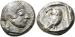 GRIECHEN ATTIKA. ATHEN. Tetradrachme ø 23mm (17,63g). Um 500 - 480 v. Chr. Vs.: Kopf der Athena mit Helm n. r. Rs.: ΑΘΕ, Eule in Vorderansicht stehend, dahinter Olivenzweig mit Frucht. Seltman Gruppe 