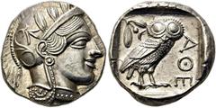 GRIECHEN ATTIKA. ATHEN. Tetradrachme ø 25mm (17,12g). Um 454 - 404 v. Chr. Vs.: Kopf der Athena mit attischem Helm, der von einem Lorbeerkranz bekrönt wird, n. r. Rs.: ΑΘΕ, Eule n. r. stehend, Kopf in