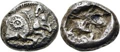 GRIECHEN LYKIEN. UNBESTIMMTER DYNAST. Stater ø 17mm (9,44g). 520 - 480 v. Chr. Vs.: Eberprotome n. r., auf der Schulter Sonnensymbol. Rs.: Unregelmäßiges Quadratum incusum. Vismara, Lycia II, 26 ff.; 