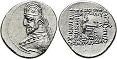 GRIECHEN PARTHER. ARSAKIDEN. Orodes I., 80 - 75 v. Chr. Drachme ø 21mm (4,10g). Mzst. Rhagai. Vs.: Büste in Ornat u. Krone mit achtstrah­ligem Stern n. l. Rs.: Arsakes sitzt mit Bogen n. r., 7-zeilige