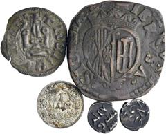 EUROPÄISCHE MÜNZEN UND MEDAILLEN ITALIEN. NEAPEL. Karl II. von Spanien, 1665 - 1700. AE Grano 1680 AG-A, Neapel. Brustbild nach rechts / Wappen. Dazu vier weitere Münzen, darunter 1 x Athen, Wilhelm I