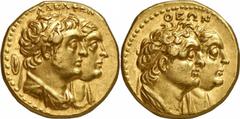 GRIECHEN ÄGYPTEN KÖNIGREICH DER PTOLEMÄER. Ptolemaios II. Philadelphos, 283 - 246 v.Chr. AV-Tetradrachme (13,86g). Mzst. Alexandria. Vs.: ΑΔΕΛΦΩΝ, gestaffelte Büsten des Ptolemaios II. und der Arsinoe