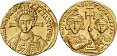 BYZANZ Justinianus II., 2. Regierung, 705 - 711 n. Chr. Solidus (4,44g). Mzst. Konstantinopel. Vs.: d N ihS ChS REX REGNANTIYM, frontale Christusbüste, dahinter Kreuz. Rs.: D N IVSTINIAN-VS ET TIbERIV