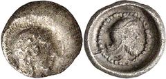GRIECHEN LYKIEN DYNASTEN. Kherei 1/12 Stater (0,54g). Vs.: Kopf der Athena mit attischem Helm r. Rs.: Kopf des Dynasten mit persischer Kyrbasia r. in Perlkreis. Traité 352; SNG Aul. 4177. RR! Tönung, 