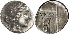 GRIECHEN LYKIEN LYKISCHER BUND. Masikytes Hemidrachme (1,88g). 1. Hälfte 1. Jh. v. Chr. Vs.: Apollonkopf mit Lorbeerkranz r. Rs.: ΛΥΚΙΩΝ, Kithara zwischen [ΜΑ]−Σ. Troxell 91.3. Tönung, ss Estimate: 80
