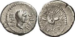RÖMER RÖMISCHE REPUBLIK Marcus Antonius und Octavian, 39 v. Chr. Quinar (1,59g). Mzst. mit Octavian ziehend. Vs.: IIIVI-R R P C, Kopf der Concordia capite velato mit Diadem n. r. Rs.: M ANTON C CAESAR