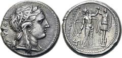GRIECHEN LUKANIEN. SYRAKUS. Agathokles, 317 - 289 v. Chr. Tetradrachme ø 25mm (17,06g). 310 - 306/5 v. Chr. Vs.: Kopf der Kore mit Ährenkranz, Ohr- u. Halsschmuck n. r., dahinter ΚΟΡΑΣ. Rs.: ΑΓΑΘΟΚΛΕΙ
