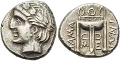GRIECHEN THRAKISCHE KÖNIGE UND DYNASTEN. DAMASTION. Tetradrachme ø 20mm (8,06g). ca. 350 - 340 v. Chr. Vs.: Kopf des Apollon mit Lorbeerkranz n. l. Rs.: Dreifuß, zwischen den Beinen M-E, seitlich ΔΑΜΑ