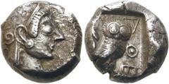 GRIECHEN EUBÖA. ATHEN. Tetradrachme ø 21mm (16,84g). 500 - 480 v. Chr. Vs.: Kopf der Athena mit attischem Helm n. r. Rs.: Α-ΘΕ, Eule im Quadratum incusum n. r., dahinter Olivenzweig. SNG Cop 19; Seltm