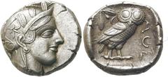 GRIECHEN EUBÖA. ATHEN. Tetradrachme ø 24mm (17,15g). 454 - 404 v. Chr. Vs.: Kopf der Athena mit attischem Helm, der von einem Lorbeerkranz bekrönt wird, n. r. Rs.: ΑΘΕ, Eule n. r. stehend, Kopf in Vor