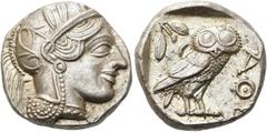 GRIECHEN EUBÖA. ATHEN. Tetradrachme ø 25mm (17,16g). 421 - 365 Jh. v. Chr. Vs.: Kopf der Athena mit verziertem u. bekränztem attischen Helm n. r. Rs.: ΑΘΕ, Eule n. r. stehend, Kopf in Vorderansicht, i