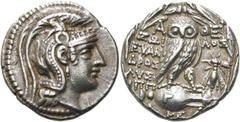 GRIECHEN EUBÖA. ATHEN. Tetradrachme des Neuen Stils ø 29,5mm (16,77g). 110/109 v. Chr. Vs.: Kopf der Athena mit reichgeschmück­tem Helm n. r. Rs.: Α-ΘΕ / ΖΟΙ-ΛΟΣ / ΕΥΑΝ/ΔΡΟΣ / ΛΥΣ/ΙΠΠ, Eule auf Amphor