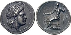 GRIECHEN ÄGINA. EPIDAUROS. Drachme ø 21mm (4,62g). Um 250 v. Chr. Vs.: Kopf des Apollon mit Lorbeerkranz n. r. Rs.: Statue des linkshin thronenden Asklepios, der die Rechte auf eine Schlange stützt, u
