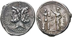 RÖMER RÖMISCHE REPUBLIK. RÖMISCHE REPUBLIK NACH 211 V. CHR. M. Furius, 119 v. Chr. Denar ø 19mm (3,86g). Mzst. Rom. Vs.: M FOVRI L F, Kopf des Janus. Rs.: ROMA / PHILI (teilweise in Ligatur), Roma bek