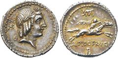 RÖMER RÖMISCHE REPUBLIK. RÖMISCHE REPUBLIK NACH 211 V. CHR. L. Calpurnius Piso Frugi, 90 v. Chr. Denar ø 19mm (3,93g). Mzst. Rom. Vs.: Kopf des Apollon mit Lorbeerkranz n. r., dahinter Kontrollmarke X