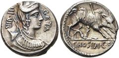 RÖMER RÖMISCHE REPUBLIK. RÖMISCHE REPUBLIK NACH 211 V. CHR. C. Hosidius Geta, 68 v. Chr. Denar ø 17mm (4,06g). Mzst. Rom. Vs.: GETA / IIIVIR, Büste der Diana mit Köcher u. Bogen n. r. Rs.: C HOSIDI C 
