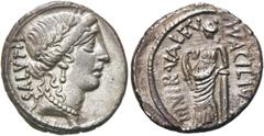 RÖMER RÖMISCHE REPUBLIK. RÖMISCHE REPUBLIK NACH 211 V. CHR. Mn. Acilius Glabrio, 49 v. Chr. Denar ø 19mm (3,78g). Mzst. Rom. Vs.: SALVTIS, Kopf der Salus mit Lorbeerkranz n. r. Rs.: MN ACILIVS / IIIVI
