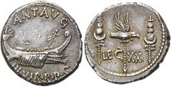 RÖMER RÖMISCHE REPUBLIK. RÖMISCHE REPUBLIK NACH 211 V. CHR. Marcus Antonius, 32 - 31 v. Chr. Denar ø 18mm (3,88g). Mzst. mit Marc Anton ziehend (Patras?). Vs.: ANT AVG / IIIVIR R P C, Kriegsgaleere n.