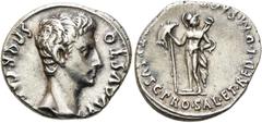 RÖMER KAISERZEIT. Augustus, 27 v. Chr. - 14 n. Chr. Denar ø 19mm (3,77g). 18 - 16 v. Chr. Mzst. in Spanien (Colonia Patricia?). Vs.: S P Q R CAESARI AVGVSTO, Kopf n. r. Rs.: VOT P SVSC PRO SAL ET RED 