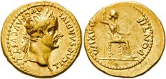 RÖMER KAISERZEIT. Tiberius, 14 - 37 n. Chr. Aureus ø 20mm (7,85g). 30 n. Chr. Mzst. Lugdunum. Vs.: TI CAESAR DIVI AVG F AVGVSTVS, Kopf mit Lorbeerkranz n. r. Rs.: PONTIF MAXIM, Livia als Iustitia sitz