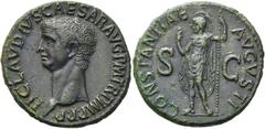RÖMER KAISERZEIT. Claudius, 41 - 54 n. Chr. AE As ø 29mm (12,09g). 42 - 43 n. Chr. Mzst. Rom. Vs.: TI CLAVDIVS CAESAR AVG P M TR P IMP P P, Kopf n. l. Rs.: CONSTANTIAE AVGVSTI / S - C, Constantia mit 