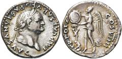 RÖMER KAISERZEIT. Vespasian, 69 - 79 n. Chr. Denar ø 18mm (3,36g). 79 n. Chr. Mzst. Rom. Vs.: IMP CAESAR VESPASIANVS AVG, Kopf mit Lorbeerkranz n. r. Rs.: TR POT X COS VIIII, Viktoria steht n. l. u. s
