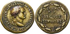 RÖMER KAISERZEIT. Vespasian, 69 - 79 n. Chr. AE Sesterz ø 36mm (23,48g). 72 n. Chr. Mzst. Lugdunum. Vs.: IMP CAES VESPASIAN AVG P M TR P P P COS IIII, Kopf mit Lorbeerkranz u. Globus n. r. Rs.: S P Q 