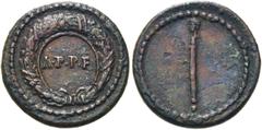 RÖMER KAISERZEIT. Anonym, Domitian - Antoninus Pius. AE Tessera ø 17mm (2,91g). Vs.: A·P·P·F im Perlkreis, darum Kranz. Rs.: Zepter von bärtigem Kopf bekrönt in Perlkreis. Mazzini V Taf. LXXIX, 53; Al