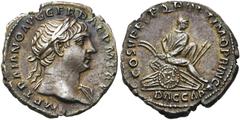 RÖMER KAISERZEIT. Trajan, 98 - 117 n. Chr. Denar ø 18mm (3,34g). 107 - 108 n. Chr. Mzst. Rom. Vs.: IMP TRAIANO AVG GER DAC P M TR P, Büste mit Lorbeerkranz u. Gewand auf l. Schulter n. r. Rs.: COS V P