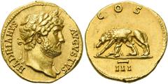 RÖMER KAISERZEIT. Hadrian, 117 - 138 n. Chr. Aureus ø19mm (7,43g). 124 - 125 n. Chr. Mzst. Rom. Vs.: HADRIANVS AVGVSTVS, Büste mit Lorbeerkranz u. Gewand auf l. Schulter n. r. Rs.: COS III, Lupa Roman
