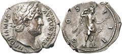 RÖMER KAISERZEIT. Hadrian, 117 - 138 n. Chr. Denar ø 20mm (3,14g). 126 - 127 n. Chr. Mzst. Rom. Vs.: HADRIANVS AVGVSTVS, Kopf mit Lorbeerkranz u. Gewand auf l. Schulter n. r. Rs.: COS III, Viktoria st