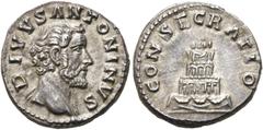 RÖMER KAISERZEIT. Divus Antoninus Pius, ab 161 n. Chr. Denar ø 17mm (2,96g). Geprägt unter Marc Aurel, 161 n. Chr. Mzst. Rom. Vs.: DIVVS ANTONINVS, Kopf n. r. Rs.: CONSECRATIO, vierstöckiger Rogus von