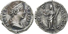 RÖMER KAISERZEIT. Diva Faustina maior, ab 140 n. Chr. Denar ø 18mm (3,01g). Mzst. Rom. Vs.: DIVA FAV-STINA, drapierte Büste n. r. Rs.: CONS-E-C-RATIO, Ceres capite velato steht n. l. mit erhobener Rec
