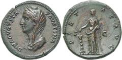 RÖMER KAISERZEIT. Diva Faustina maior, ab 140 n. Chr. AE Sesterz ø 34mm (26,01g). Geprägt unter Antoninus Pius, 141 - 161 n. Chr. Mzst. Rom. Vs.: DIVA AVGVSTA FAVSTINA, drapierte Büste capite velato n
