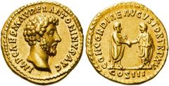 RÖMER KAISERZEIT. Marcus Aurelius, 161 - 180 n. Chr. Aureus ø 19mm (7,29g). 161 n. Chr. Mzst. Rom. Vs.: IMP CAES M AVREL ANTONINVS AVG, Kopf n. r. Rs.: CONCORDIAE AVGVSTOR TR P XV / COS III, Marcus Au