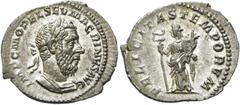 RÖMER KAISERZEIT. Macrinus, 217 - 218 n. Chr. Denar ø 21mm (2,79g). Mzst. Rom. Vs.: IMP C M OPEL SEV MACRINVS AVG, Panzerbüste mit Lorbeerkranz n. r. Rs.: FELICITAS TEMPORVM, Felicitas steht mit Caduc